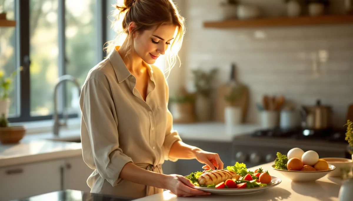 Mulher elegante em cozinha sofisticada apreciando um prato saudável e colorido, com vegetais frescos e proteína grelhada, luz dourada da tarde