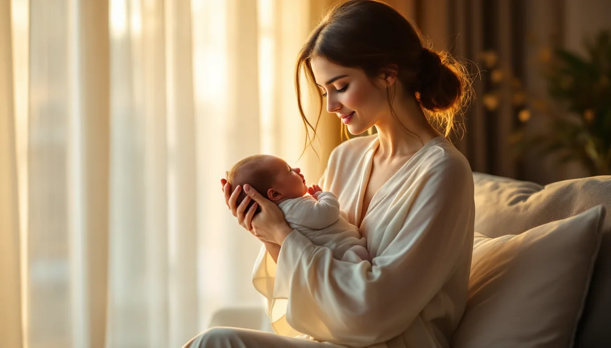 Mãe elegante segurando seu bebê com ternura em ambiente refinado e acolhedor, vestida com sofisticação