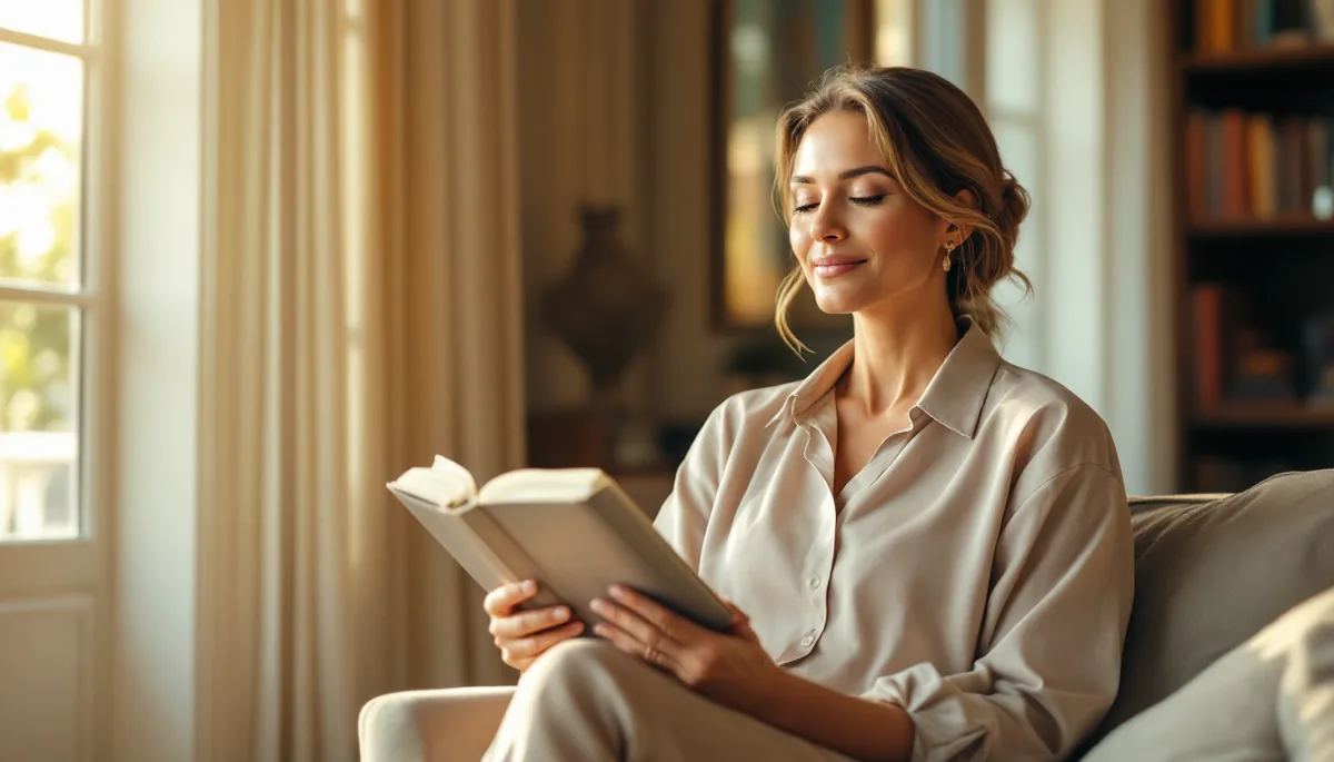 Mulher elegante e serena em ambiente sofisticado, representando longevidade saudável e antiaging baseado em ciência