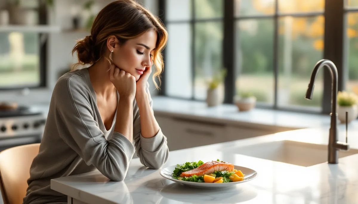 Mulher elegante e ativa em momento de reflexão sobre alimentação saudável, segurando um prato leve com proteína e vegetais frescos, em ambiente sofisticado com luz dourada
