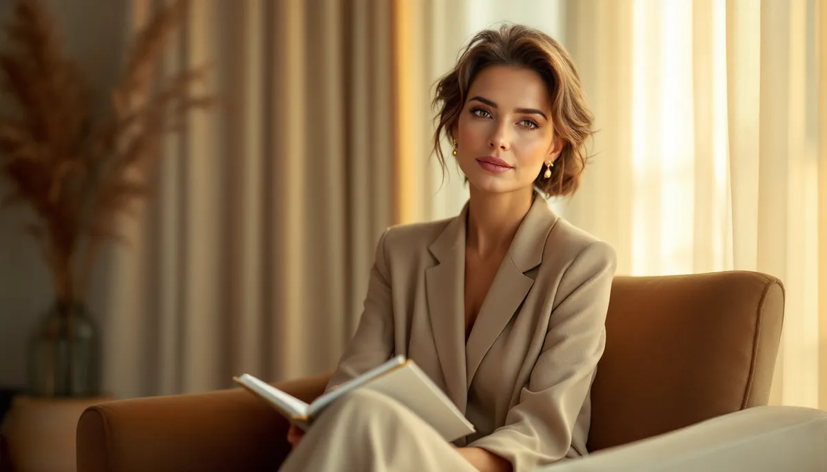 Mulher elegante e pensativa em ambiente refinado, tomando uma decisão com tranquilidade e sofisticação