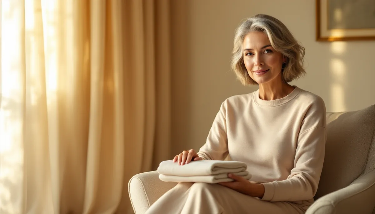 Mulher elegante em ambiente sofisticado segurando tecido compressivo, expressão serena e confiante, luz dourada natural