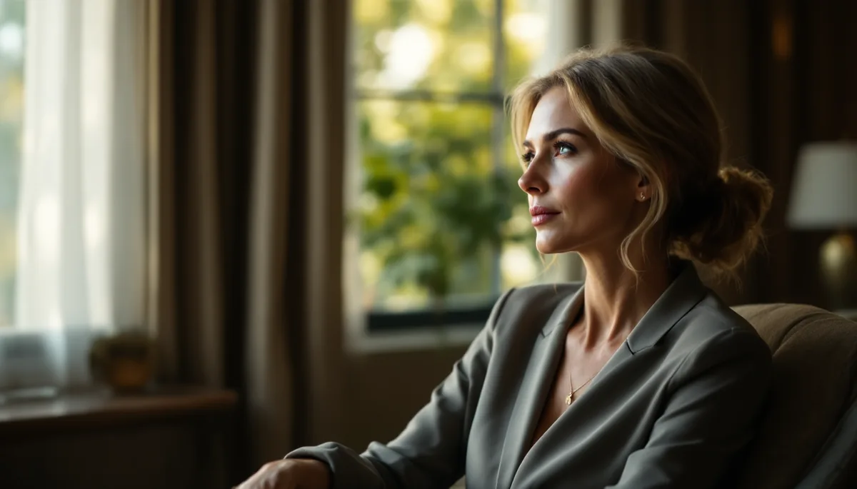 Mulher elegante e serena em ambiente sofisticado, refletindo segurança e confiança ao tomar uma decisão importante