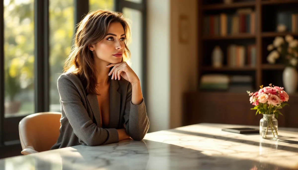 Mulher elegante e serena em ambiente sofisticado, refletindo sobre uma decisão importante com postura confiante e refinada