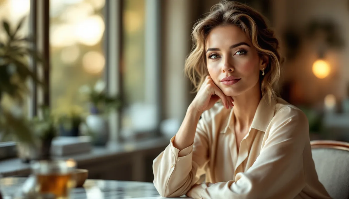 Mulher elegante e confiante em ambiente sofisticado, refletindo sobre uma decisão importante com serenidade e clareza