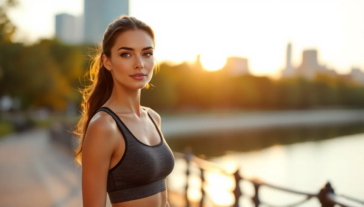 Mulher elegante e atlética em roupa esportiva sofisticada na orla do Guaíba, Porto Alegre, em luz dourada de fim de tarde