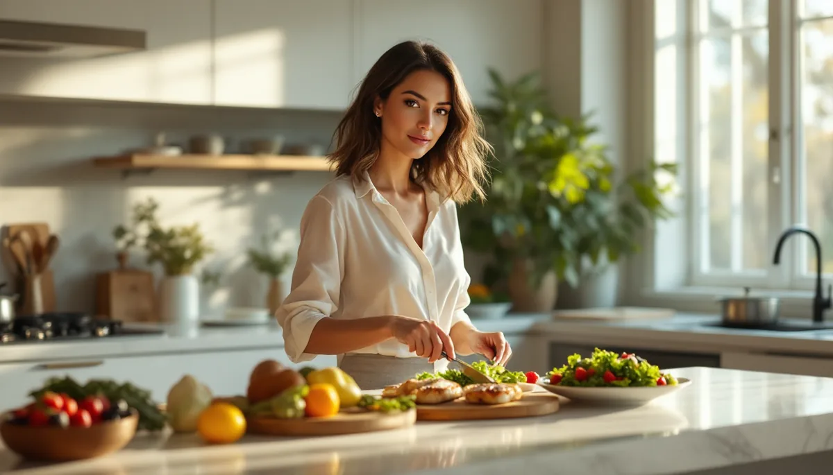 Mulher elegante e serena preparando uma refeição saudável em cozinha sofisticada, luz dourada ao fundo