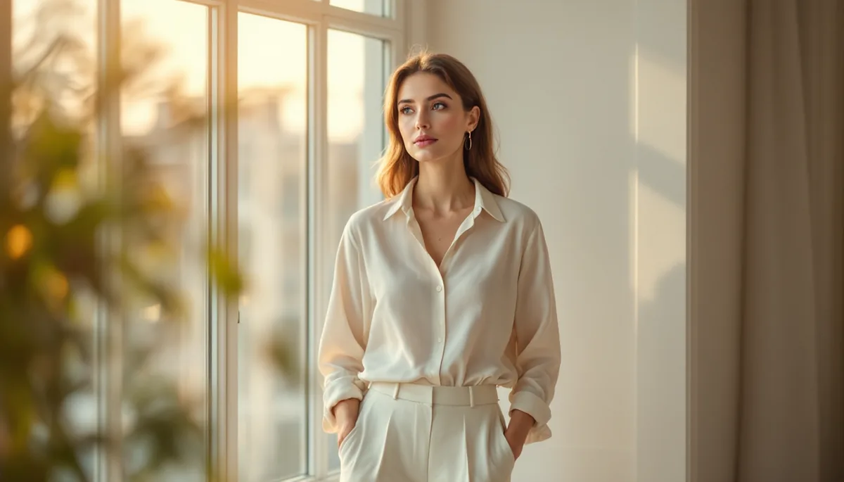 Mulher elegante e serena em ambiente refinado, refletindo sobre seu bem-estar e autoconhecimento corporal