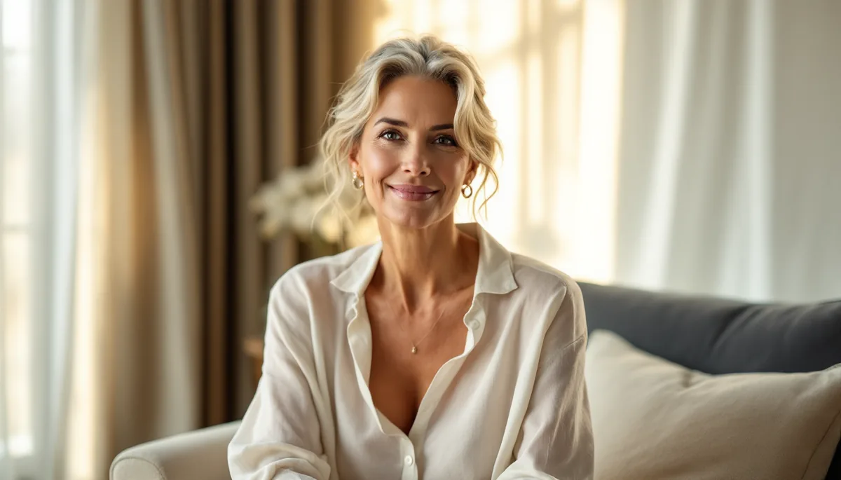 Mulher elegante e serena em ambiente sofisticado, refletindo bem-estar, vitalidade e equilíbrio — representando longevidade feminina ativa