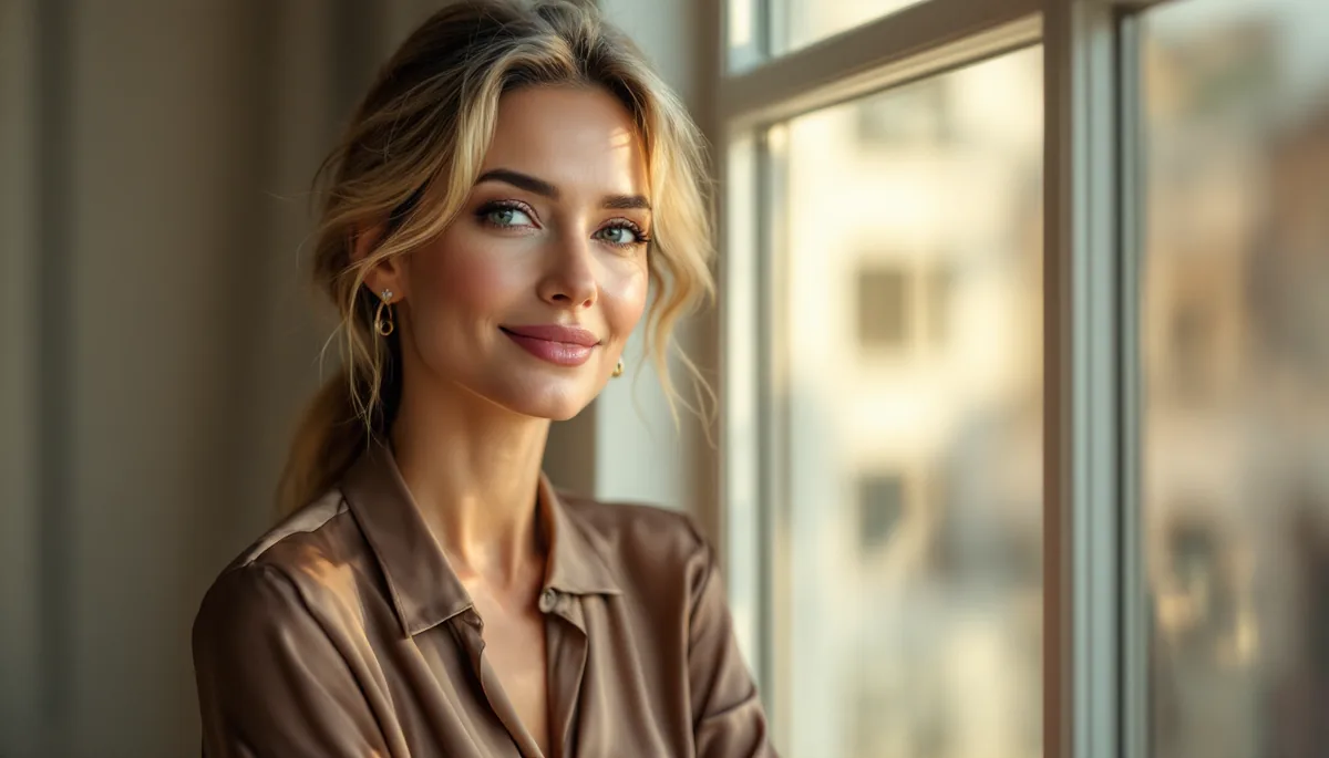 Mulher elegante e confiante em ambiente sofisticado, exibindo postura serena e beleza natural, representando bem-estar e autoestima feminina