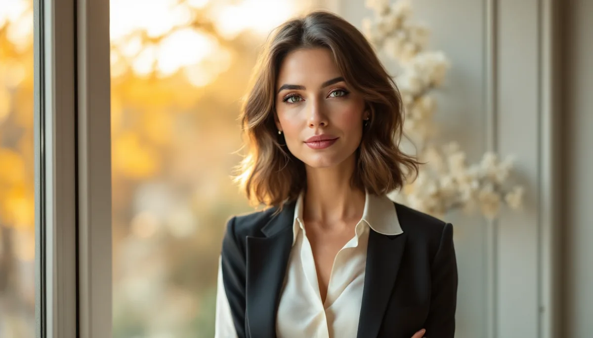 Mulher elegante e confiante em ambiente sofisticado, refletindo segurança e naturalidade após planejamento cuidadoso