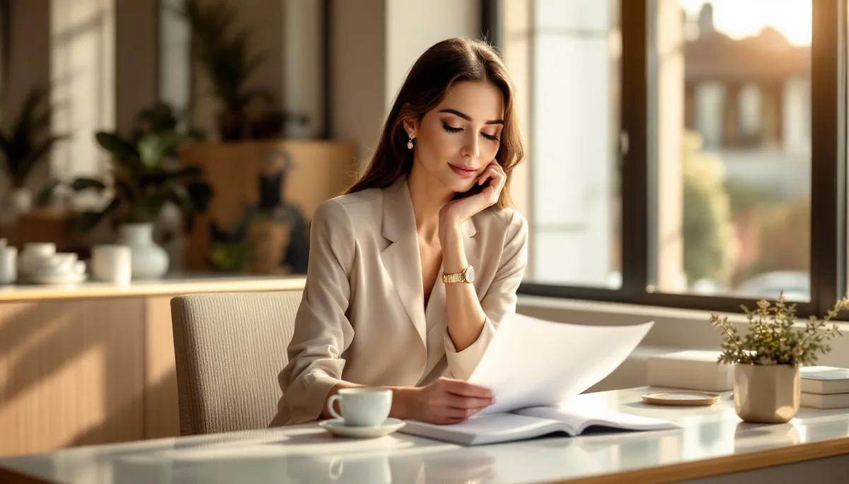 Mulher elegante e serena analisando resultados em um ambiente refinado, representando a medicina de precisão e longevidade