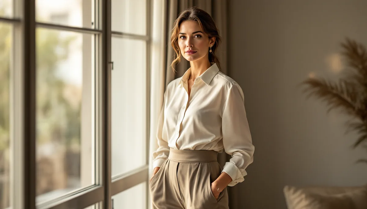 Mulher elegante e serena em ambiente sofisticado, refletindo confiança e bem-estar após procedimento estético minimamente invasivo