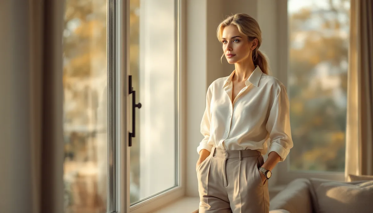 Mulher elegante e serena em ambiente sofisticado, refletindo confiança e bem-estar após jornada de transformação corporal