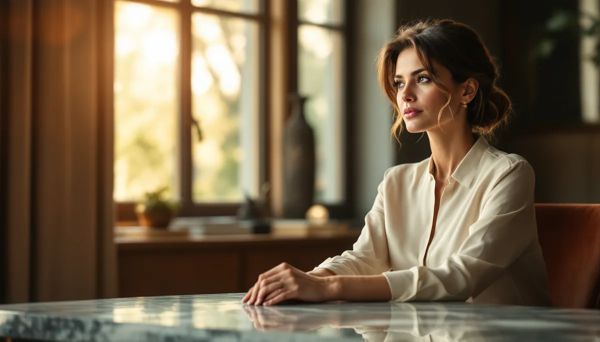 Mulher elegante e confiante em ambiente sofisticado, refletindo sobre uma decisão importante com serenidade