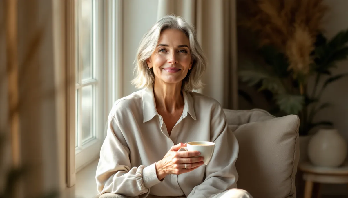 Mulher elegante e serena em ambiente sofisticado, representando a harmonia entre saúde, longevidade e bem-estar feminino
