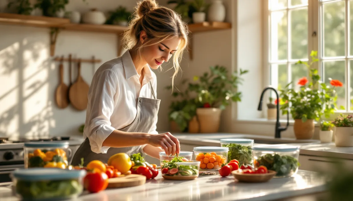 Mulher elegante organizando recipientes de vidro com refeições saudáveis em uma cozinha sofisticada, preparando sua recuperação pós-operatória com cuidado e antecedência