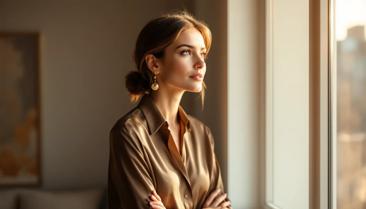 Mulher elegante e segura de si, em ambiente refinado, refletindo serenidade e autoconfiança após uma transformação pessoal significativa
