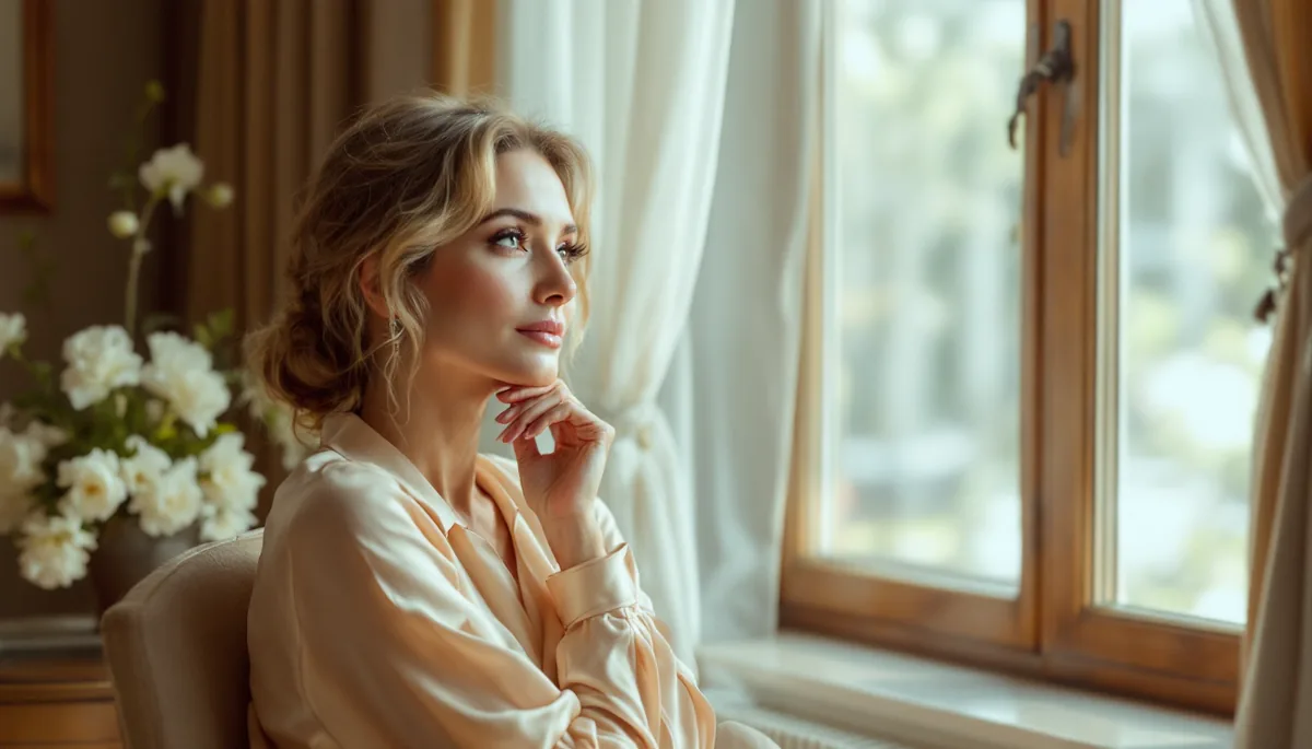 Mulher elegante e serena em ambiente refinado, refletindo confiança e sofisticação, conectada ao tema de transformação e autoestima feminina