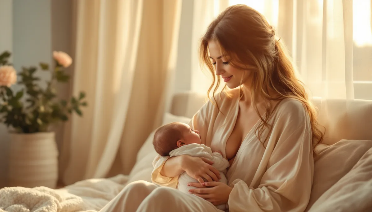 Mãe elegante segurando seu bebê com ternura em ambiente doméstico refinado, vestida com sofisticação, luz dourada suave