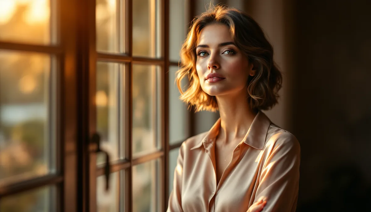 Mulher elegante e confiante em ambiente sofisticado, com postura serena, refletindo autoestima e bem-estar após cuidado com a própria imagem