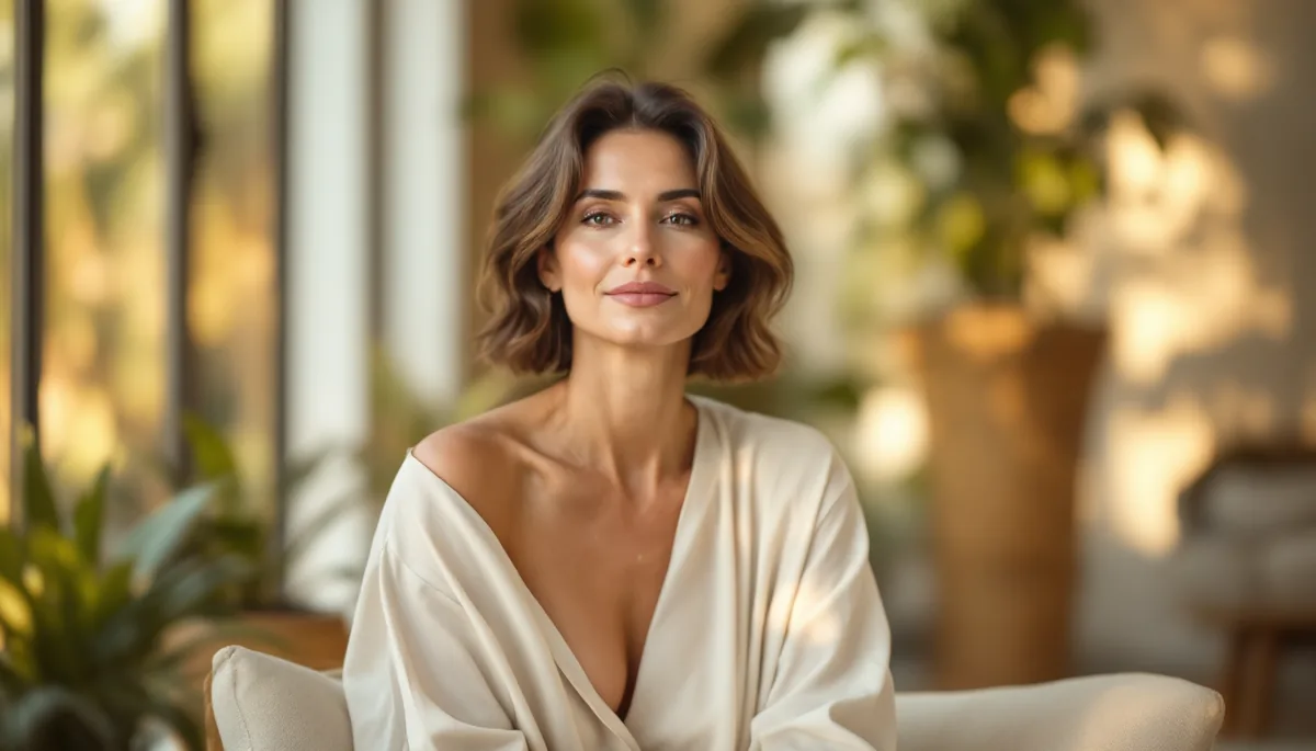 Mulher elegante de meia-idade, serena e radiante, em ambiente sofisticado iluminado por luz dourada suave, transmitindo vitalidade e equilíbrio.