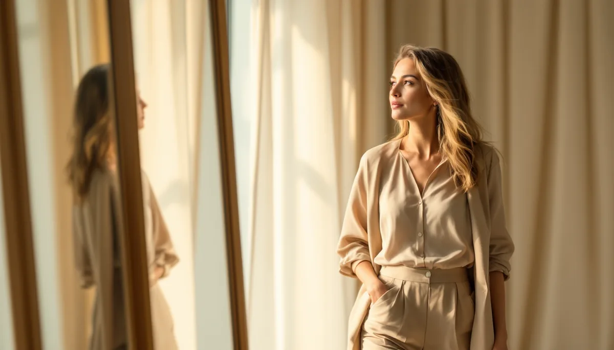 Mulher elegante de meia-idade observando sua silhueta refletida em um espelho de corpo inteiro em ambiente sofisticado e iluminado