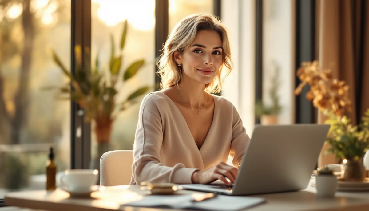 Mulher elegante e serena trabalhando em home office com boa disposição, expressando recuperação tranquila e vida ativa sofisticada