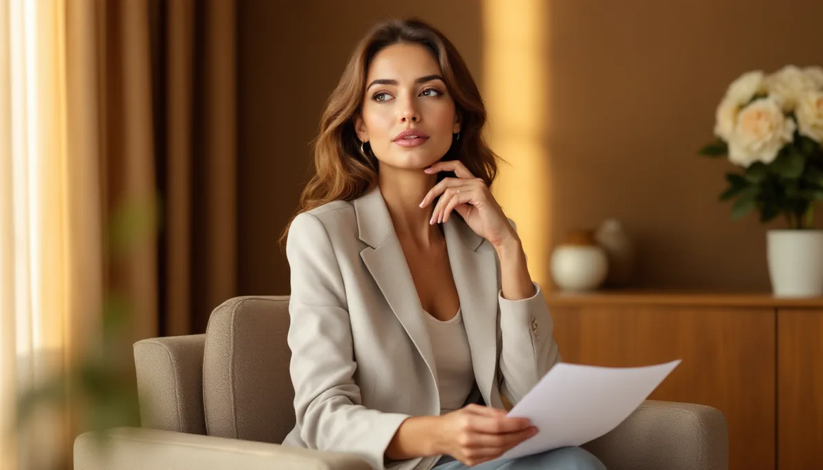 Mulher elegante e confiante em ambiente sofisticado, refletindo sobre uma decisão importante com serenidade e autoconhecimento