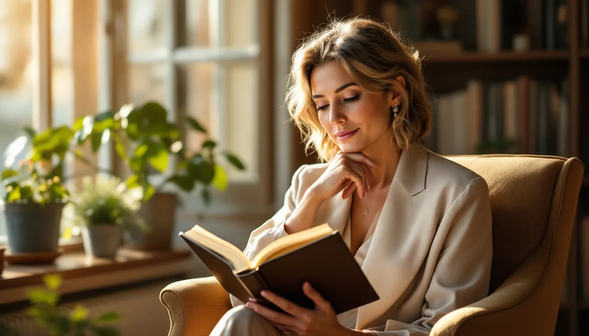 Mulher elegante e serena em ambiente sofisticado, folheando livro científico junto a janela com luz dourada, postura confiante e naturalidade refinada