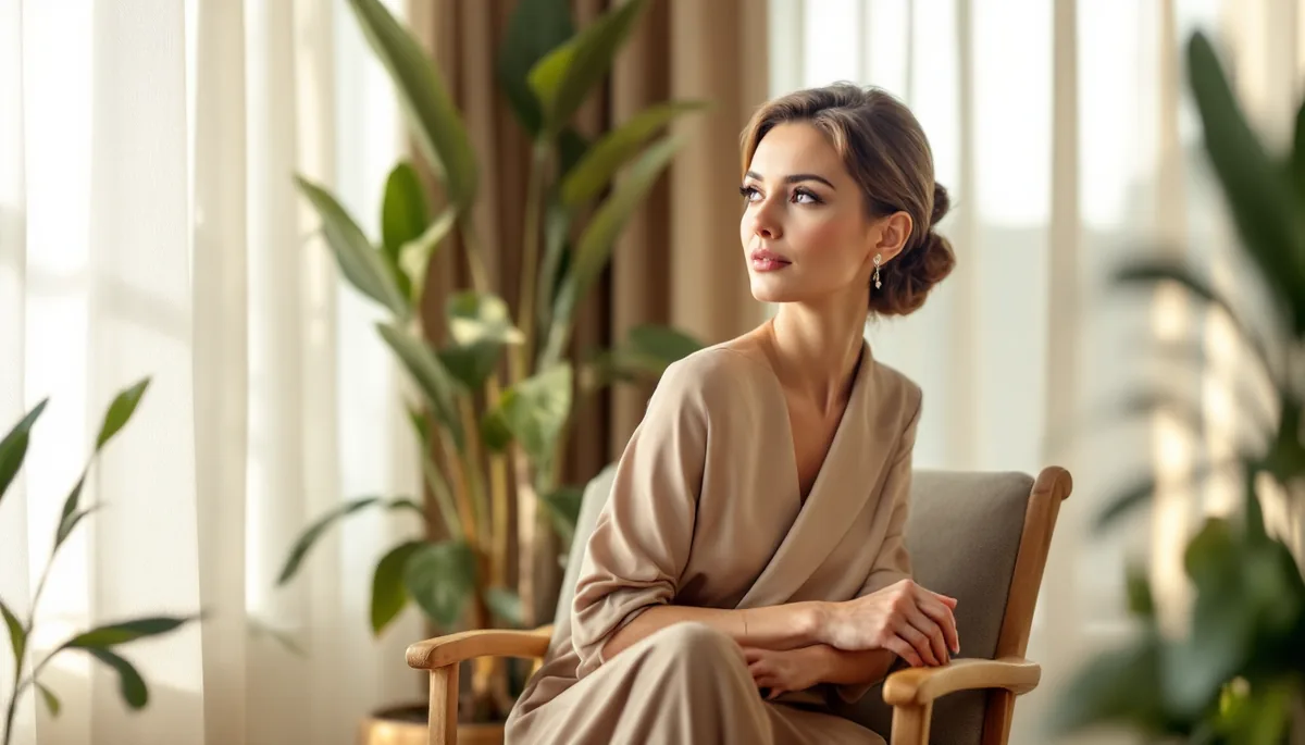 Mulher elegante e serena em ambiente refinado, refletindo com calma antes de uma decisão importante sobre seu bem-estar