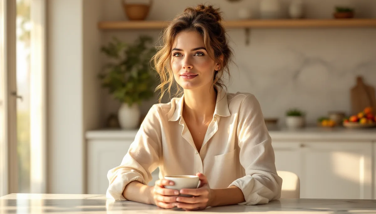 Mulher elegante e serena sentada à mesa de uma cozinha sofisticada, segurando uma xícara de chá, com frutas frescas e vegetais ao fundo, luz dourada da manhã