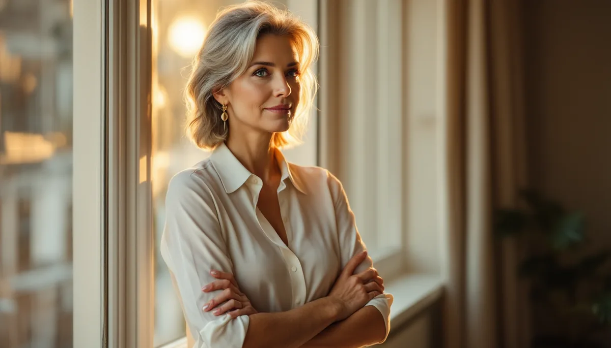 Mulher elegante e serena em ambiente refinado, olhando pela janela com luz dourada, refletindo sobre saúde e decisões conscientes