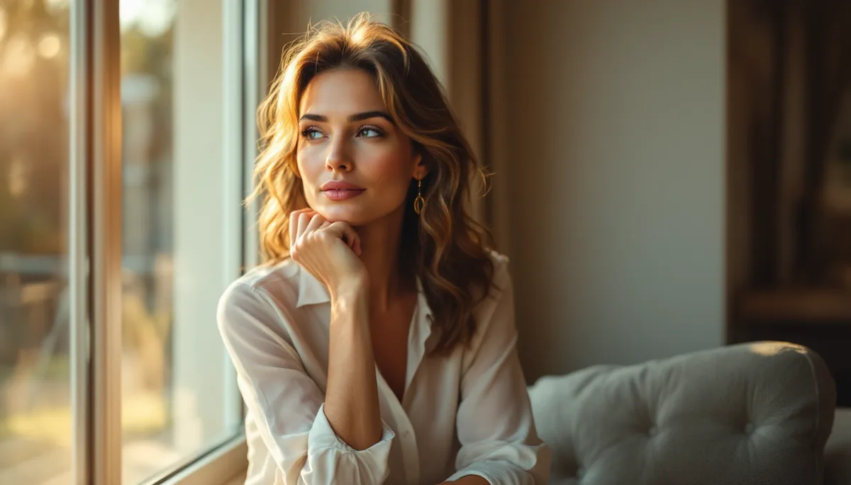 Mulher elegante e pensativa em ambiente refinado, olhando pela janela com luz dourada, refletindo sobre uma decisão importante com serenidade e sofisticação