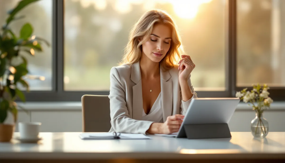 Mulher elegante e serena em ambiente sofisticado, consultando dados em tablet sobre saúde e longevidade