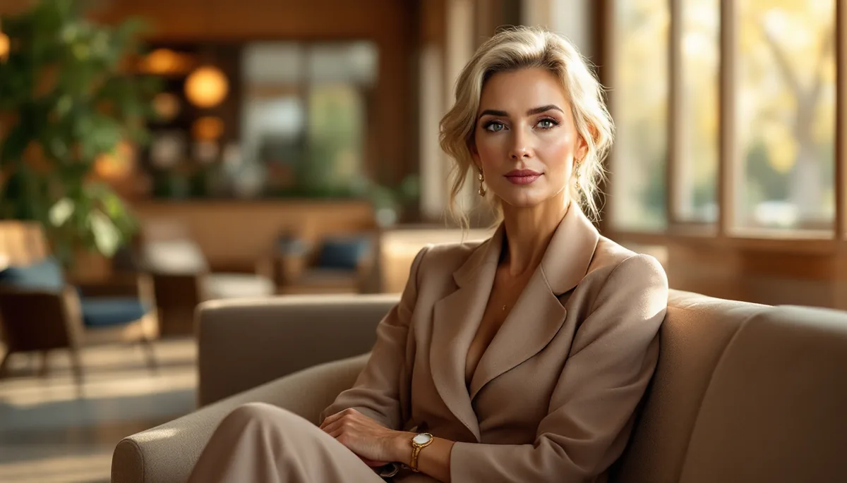 Mulher elegante e serena em ambiente sofisticado, transmitindo tranquilidade e confiança antes de um procedimento estético