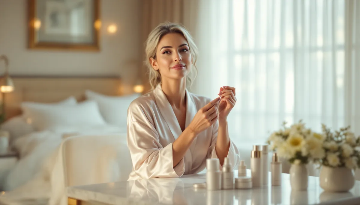 Mulher elegante e serena aplicando cuidados de skincare em ambiente sofisticado, luz dourada suave, estética editorial premium