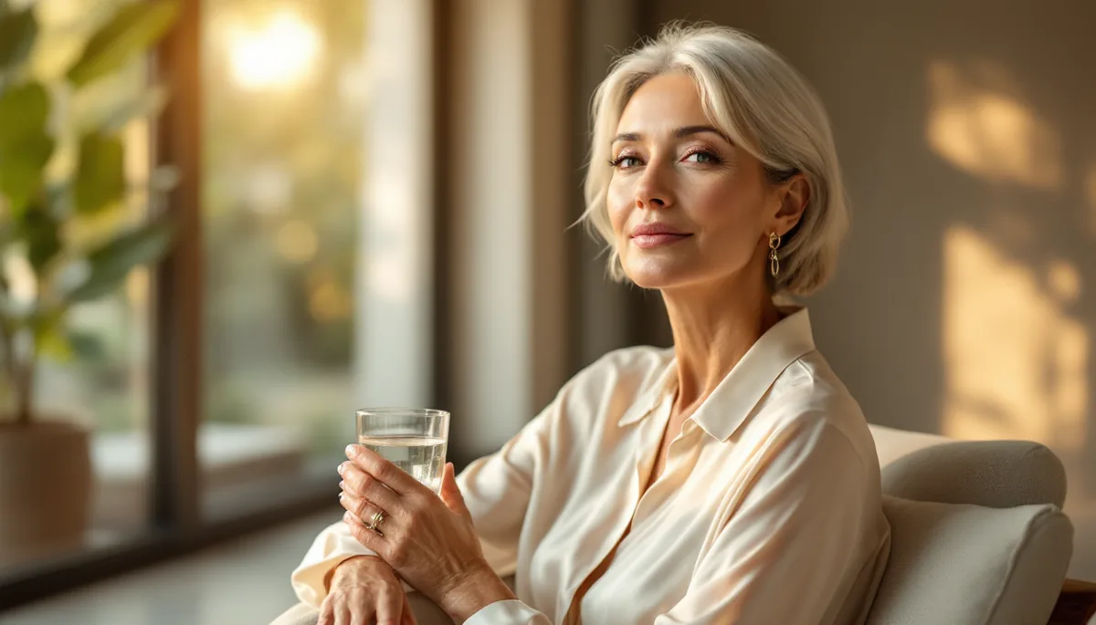 Mulher elegante e serena em ambiente sofisticado, refletindo cuidado com a saúde e bem-estar com naturalidade e classe