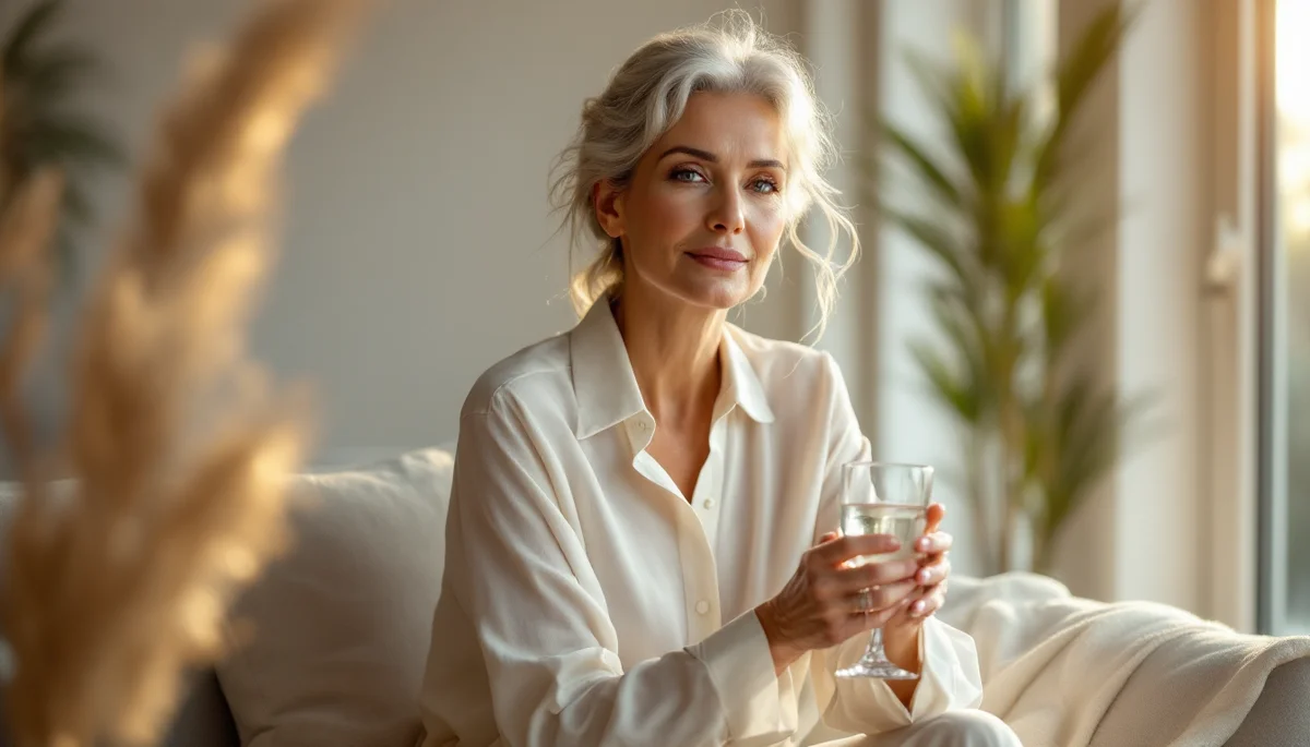 Mulher elegante e serena em ambiente sofisticado, segurando uma taça de água com ar contemplativo, luz dourada natural