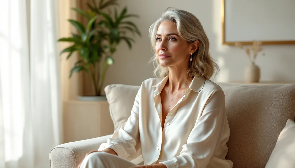 Mulher elegante e serena em ambiente sofisticado, refletindo confiança e beleza natural, conectada ao tema de sustentação e cuidado com o corpo