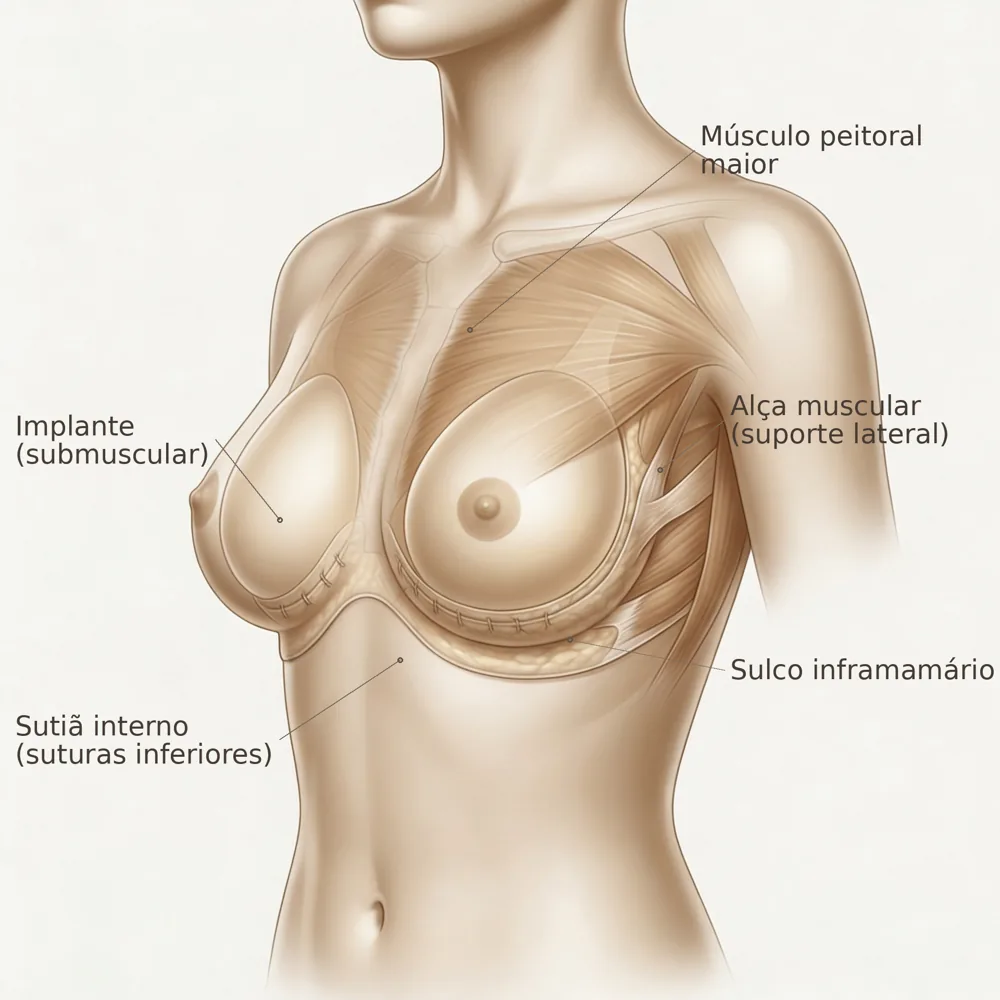 Ilustração anatômica: implante submuscular, sutiã interno nas suturas inferiores, alça muscular de suporte lateral e sulco inframamário