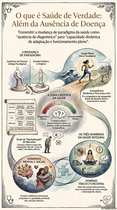 Infográfico — O que é saúde de verdade: por que estar sem doença não significa estar saudável