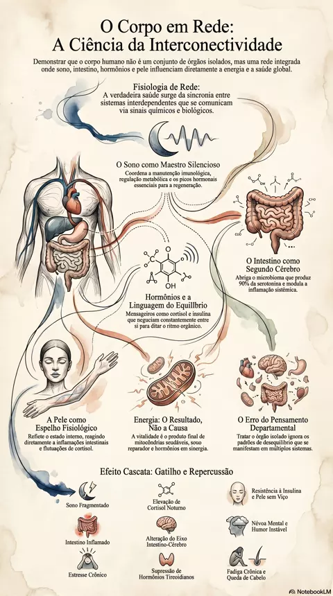 Infográfico — Como o corpo funciona em rede: por que sono, intestino, hormônios, pele e energia se conectam