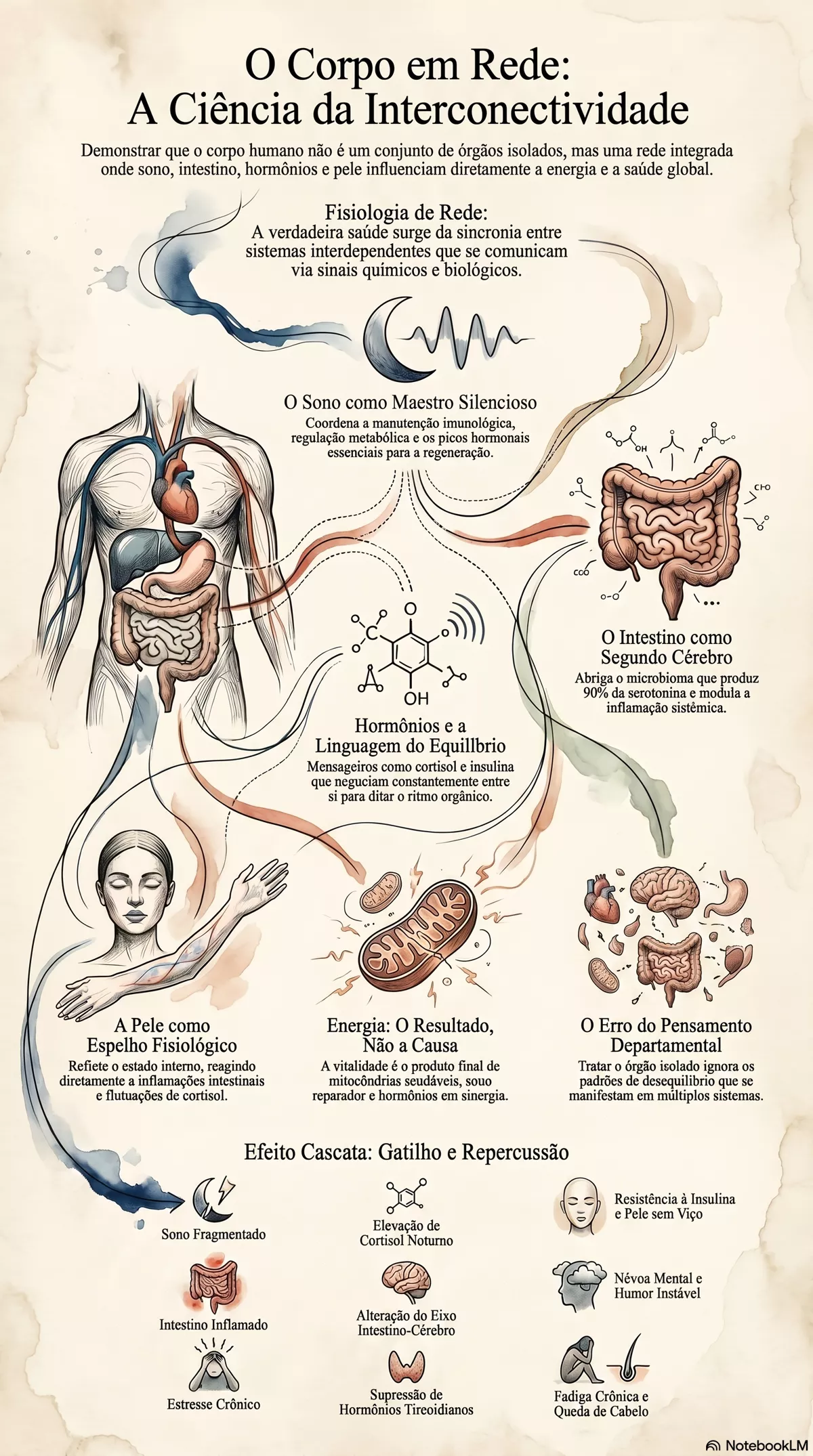 Infográfico — Como o corpo funciona em rede: por que sono, intestino, hormônios, pele e energia se conectam