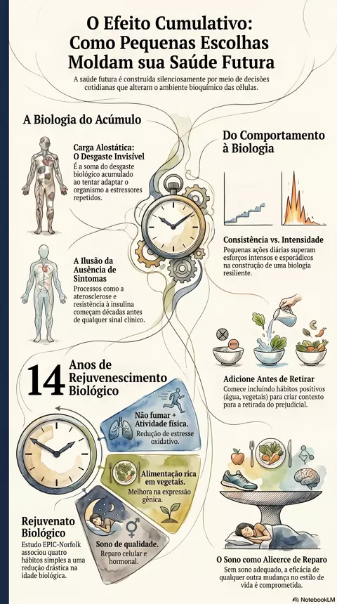 Infográfico — Como pequenas escolhas diárias moldam sua saúde futura