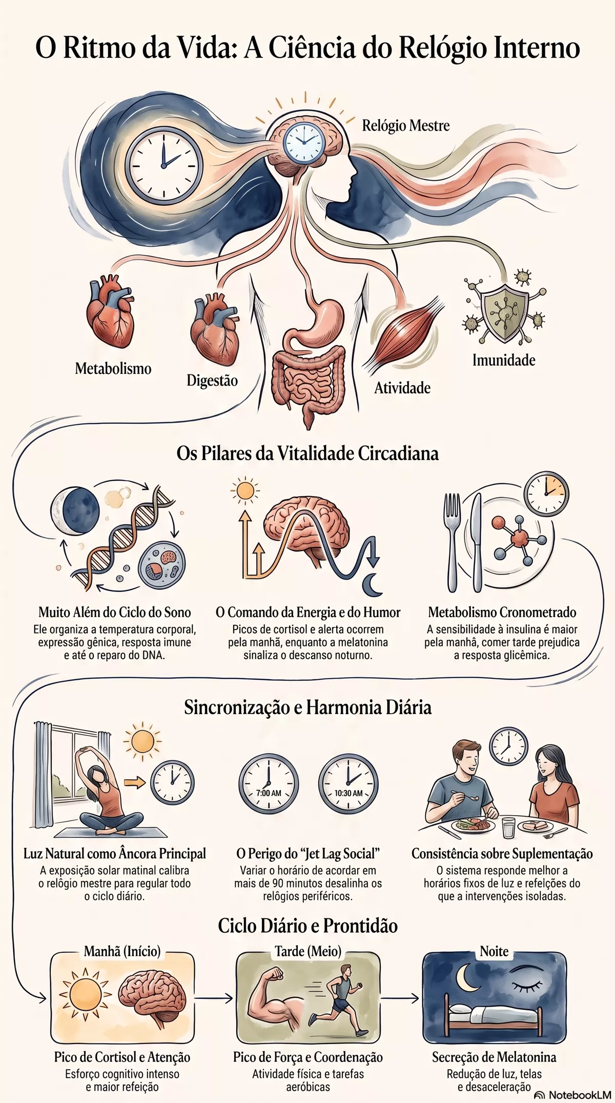 Infográfico — Ritmo circadiano: o relógio interno que governa energia, humor e metabolismo