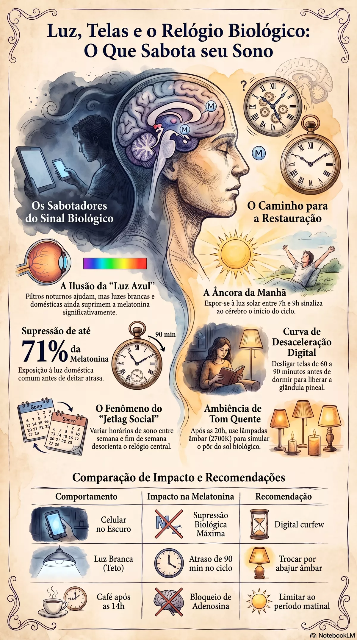 Infográfico — Luz, tela, rotina e melatonina: o que sabota seu sono