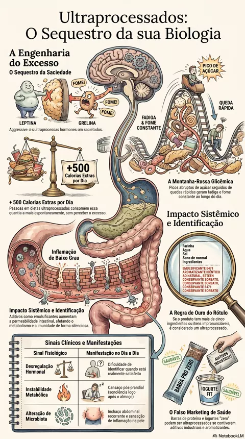 Infográfico — Ultraprocessados: como eles bagunçam sua fome, energia e inflamação