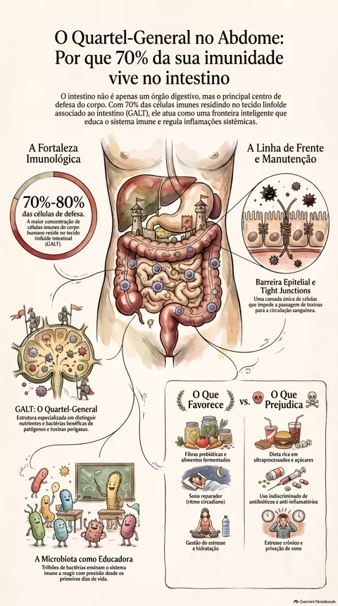 Infográfico — Intestino e imunidade: por que 70% das suas defesas vivem no seu abdome
