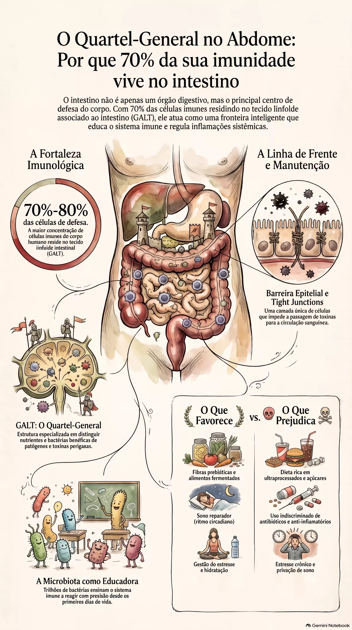 Infográfico — Intestino e imunidade: por que 70% das suas defesas vivem no seu abdome